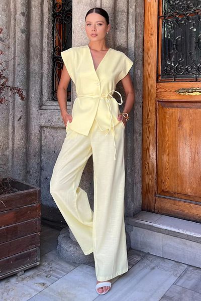 GÜLSELİ Yellow Waist Tie Lined Women's Vest Trousers Linen Double Suit