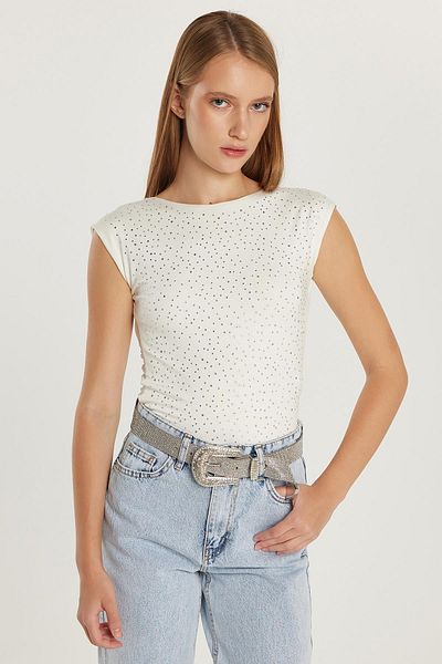 Tudors Tricou Ecru Slim Fit pentru damă, cu detaliu la spate, cu decolteu rotund