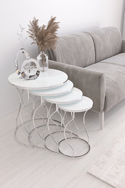 Puklife Rüya 4lü Zigon Sehpa Gümüş Renk Ayak, Beyaz Temperli Cam