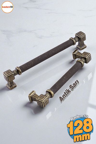 Badem10 Patterned Antique Yellow Metal Handle 128 mm Furniture Drawer Kitchen Cabinet Cupboard Modern Cover Handles
