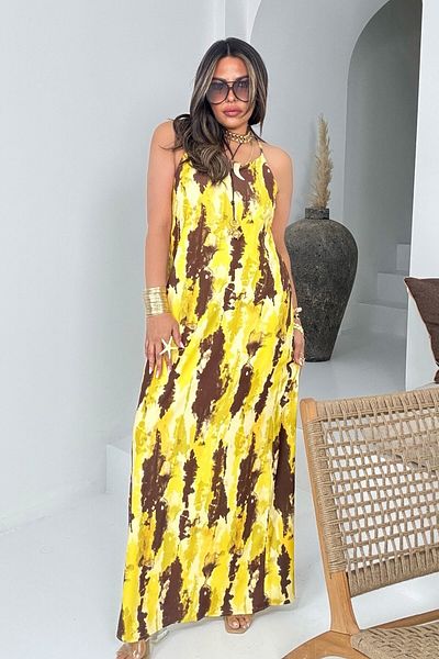 Sohotique By P Patterned Strap Maxi Dress Yellow-Brown