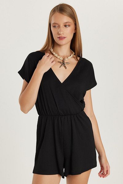 Tudors Women's Regular Fit Short Sleeve V Neck Black Jumpsuit