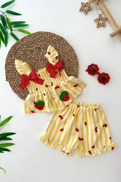 Minigimin Cicileri Bow Patterned Strawberry Printed Gipeli Girl's Set of 2 - Yellow