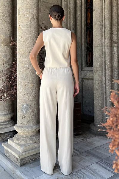 GÜLSELİ Stone Women's Lined Vest Trousers Double Linen Suit