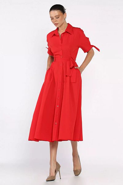 GÜLSELİ Red Buttoned and Pleated Short Sleeve Long Dress