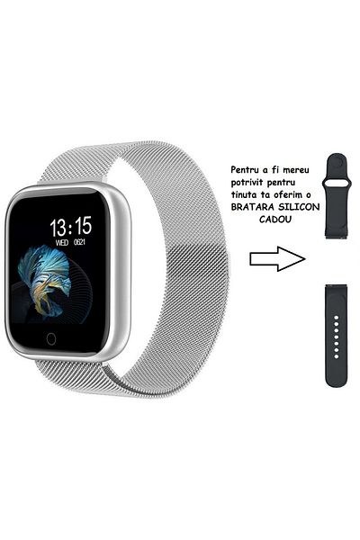 ideal STORE Ceas SmartWatch si Bratara Fitness Slim Time80 Fashion Silver, Display IPS color TFT de 1.3 inch, Ma