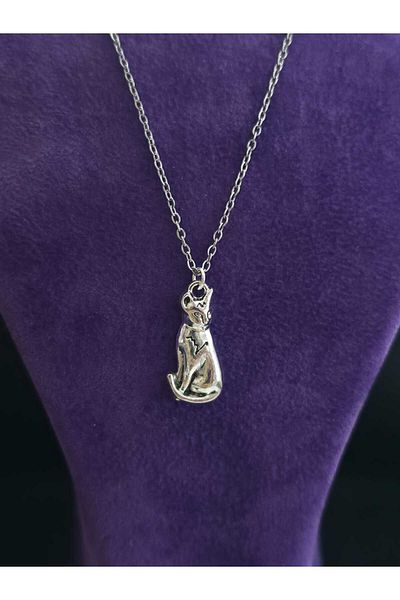 sarıyer silver Cat Model Pet Cat Themed Stylish Minimal Style Steel Pendant and Steel Chain Necklace
