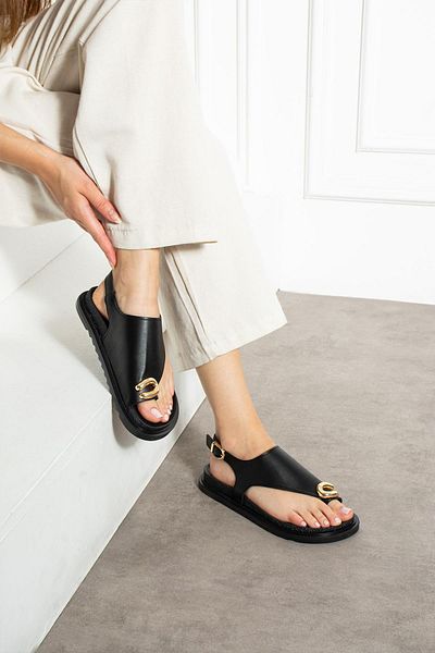 ShoeTek Wespa Women's Slippers Flip Flops Buckle Black Leather