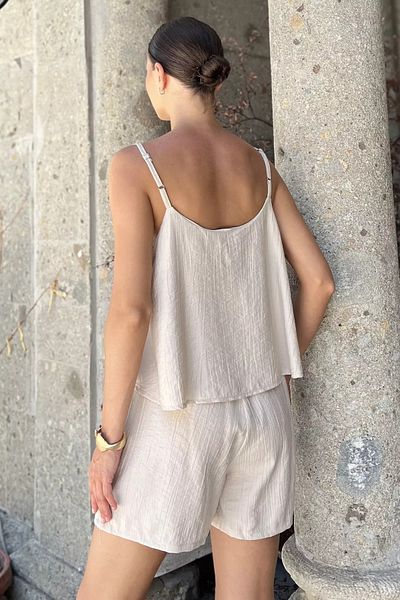 GÜLSELİ Stone Women's Adjustable Strap Blouse Waist Elastic Shorts Two-Piece Set