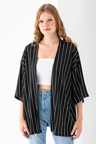 GİYSA Women's Half Sleeve Striped Wrap Kimono Black - 254406
