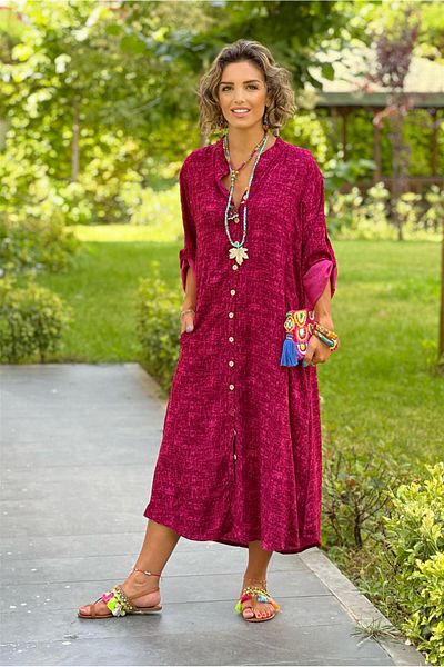 Nevin Kaya Moda Cherry Color Judge Collar Shirt Dress 100% Cotton Viscose