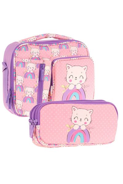 KAUKKO Kids Girl Salmon Purple Cat Patterned Three Compartment Lunch Box and Pen Holder Set (L7241+L8241)