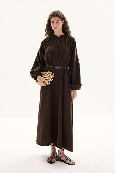 Hooopstore Oversize Linen Textured Brown Dress