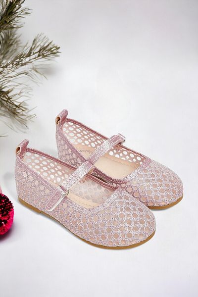 Ponchiq Pink Girl's Mesh Ballerinas with Glitter Detail