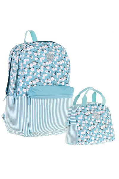 KAUKKO Soft Floral Turquoise Flower and Stripe School Bag and Thermal Insulated Nutrition Set - Girl
