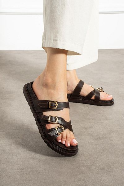 ShoeTek Beijing Women's Slippers Cross Strap Buckle Brown Leather