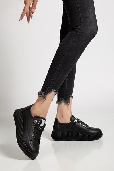 Dilimler Ayakkabı Women's Casual Sports Shoes Black Elastic Lace-Up Thick Sole