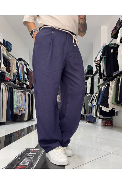 higo Linen Men's Baggy Fit Belted Trousers