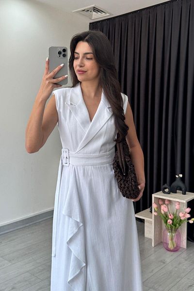 ECEMİ Sara White Double Breasted Cut Linen Dress
