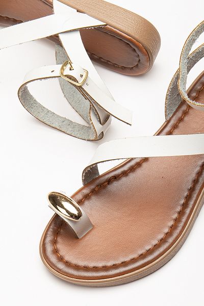 ünverdi Rings White Women's Flip Flops Ring Accessory Buckle Detail Single Strap Matte Leather Daily Sandals