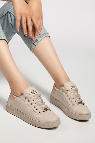 Dilimler Ayakkabı Women's Casual Sports Shoes Beige Thin Sole Lace-Up
