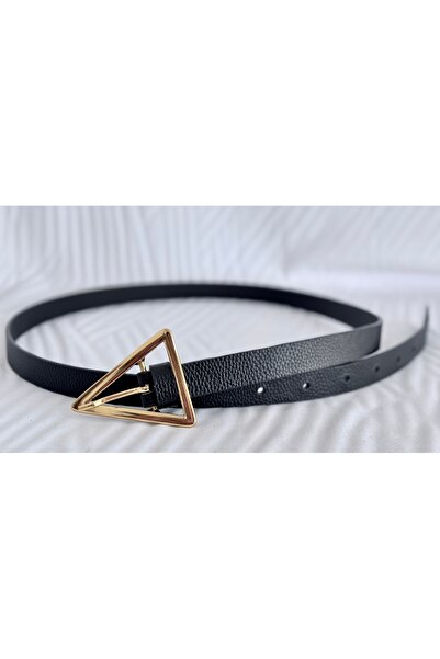 DERİMA حزام نسائي من الجلد الأسود - مشبك ذهبي مثلث بتصميم أنيق وحديث