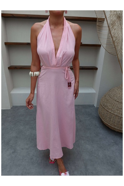 ESRAHELVACI Halter Neck Rope Tie Linen Dress