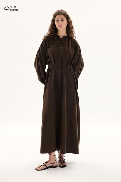 Hooopstore Oversize Linen Textured Brown Dress