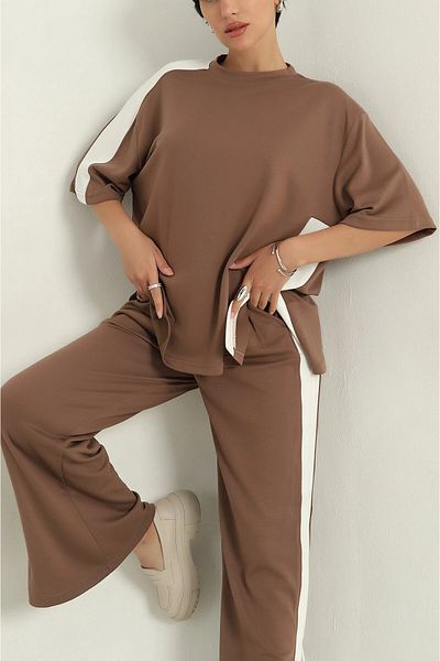 HARMONY GLOBAL Brown Striped Modal Fabric Leg Slit Relaxed Fit Double Suit