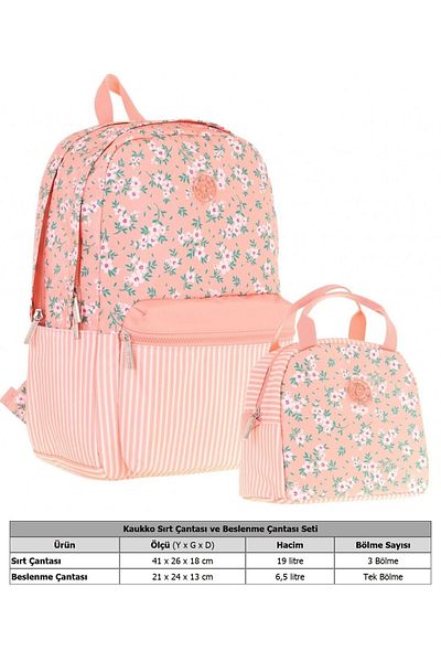 KAUKKO Soft Floral Salmon Flower and Stripe School Bag and Thermal Insulated Nutrition Set - Girl