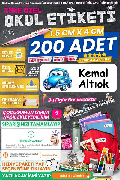 FİKİRCAN Fikircan-Name Custom School Label-Blue Sweet Vosvos 200 Pieces - Odorless Ecological Ink Pvc Label
