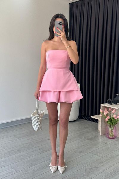 ECEMİ Myra Pink Balloon Cut Strapless Dress