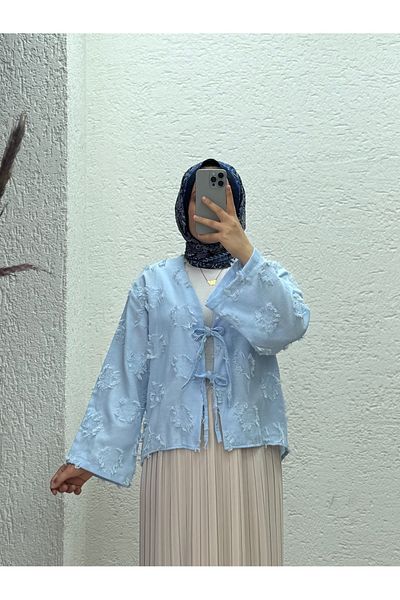 MİHRA STORE Miryla Tassel Detailed Tie-Up Kimono-Mf211 Blue