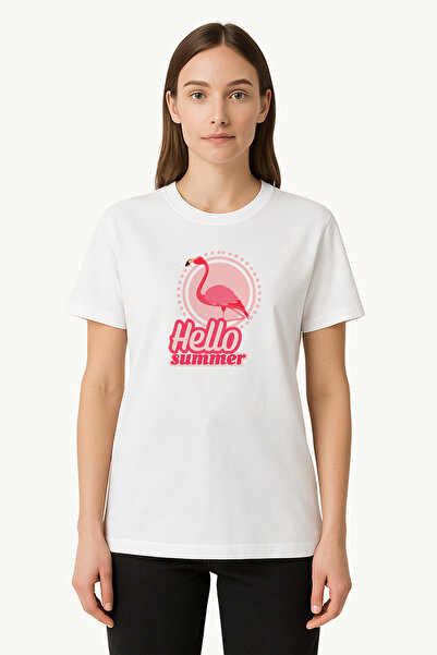 FANA تي شيرت نسائي أبيض وردي فلامينجو مطبوع تي شيرت صيفي