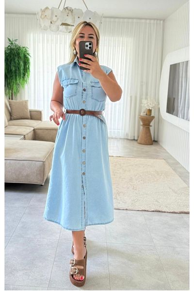 MODA Sleeveless Padded Button Midi Length Jbuz Msvisi Jean Dress