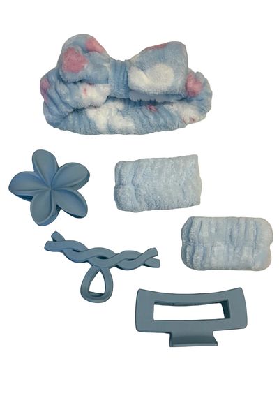 OEM Set Skincare – 6 piese: bentiță plușată, 2 bandane absorbante, 3 clești din silicon pentru păr