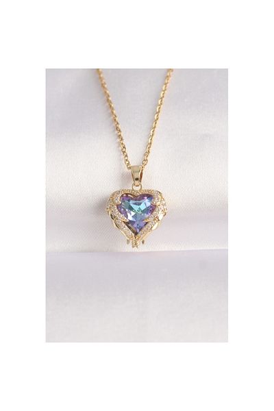 Skygo 316L Steel Chain Gold Color Zircon Stone Blue Purple Color Heart Figure Necklace - Tj-Bko8685