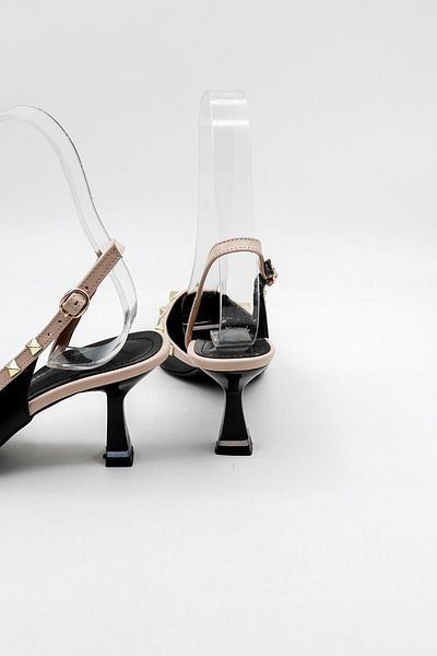 Park Moda Short Low Heeled Open Back Staple Detailed Women's Shoes Pm492 Black Skin Beige