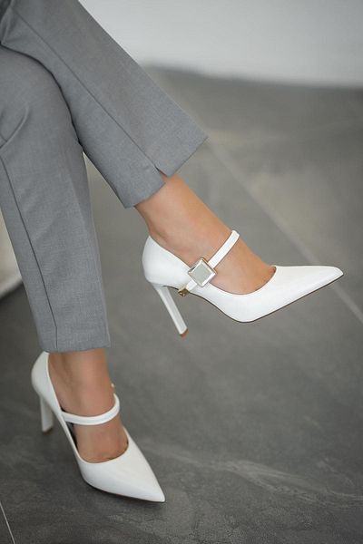 Parponi Trok Stone Detailed Women's Leather Stiletto White