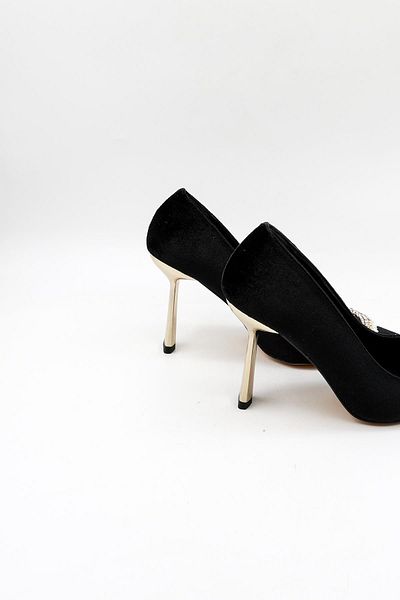 Park Moda Velvet Stone Detailed Women's Heeled Classic Shoes Pm492 Black