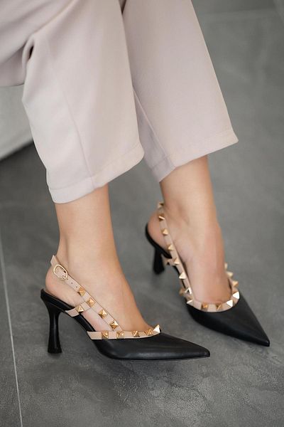 Parponi Pantofi cu toc din piele pentru femei Lena Studded Negru Nude