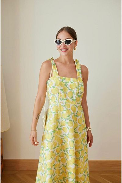 FEMMESTUDIO Women's Ecru Lemon Patterned Long Dress