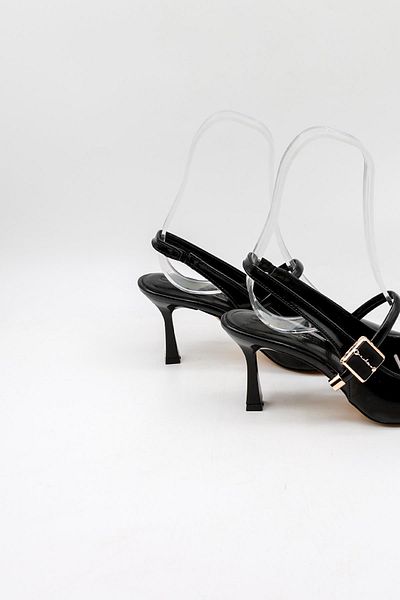 Park Moda Open Back Stoned Short Heeled Belted Women's Shoes Pm439 Black