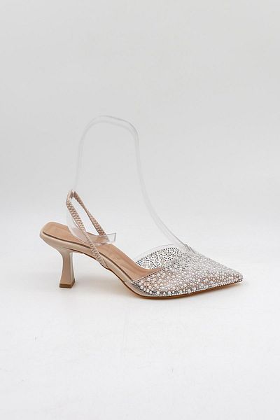 Park Moda Transparent Stone and Pearl Detailed Heeled Evening Dress Shoes Pm474 Skin Skin