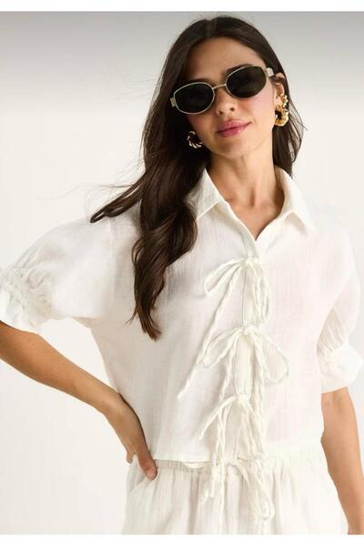 hedef giyim Short Muslin Shirt with Tie Detail