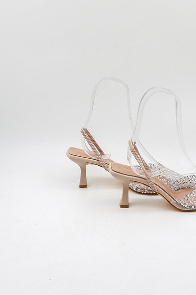 Park Moda Transparent Stone and Pearl Detailed Heeled Evening Dress Shoes Pm474 Skin Skin