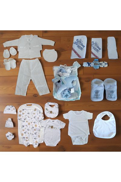 OEM Set trusou botez, baiat, costum alb-fildes, bavetica, body, botosei, paturica, compleu 7 piese, dodo