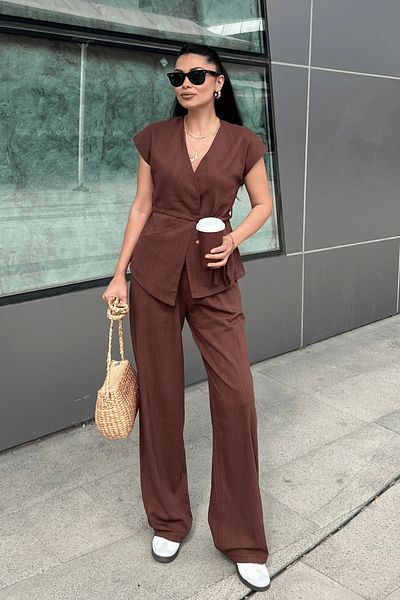 giyimmasalı Cotton Linen Fabric Vest Suit - Brown