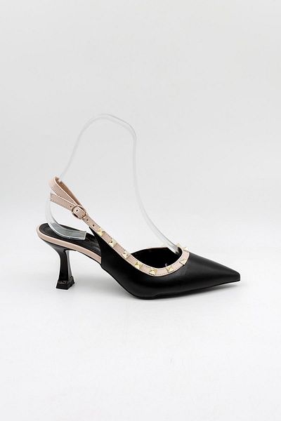 Park Moda Short Low Heeled Open Back Staple Detailed Women's Shoes Pm492 Black Skin Beige