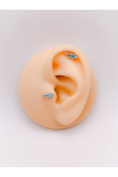 Trinos Cerrrahi Çelik Piercing ( Pirsing ) Mavi Taşlı Kaplumbağa Tragus Helix...